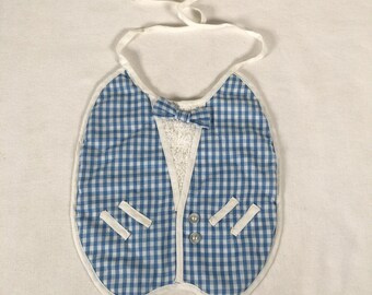 Vintage Cloth Baby Bib Blue Gingham Tuxedo Vest with Bow Tie White Terry Backing