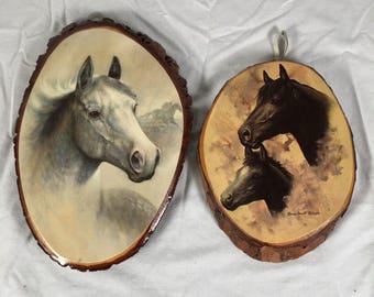 Set of 2 Art Print Horses Expoxy Over Wood Oval Tree Bark Wall Hanging Decor