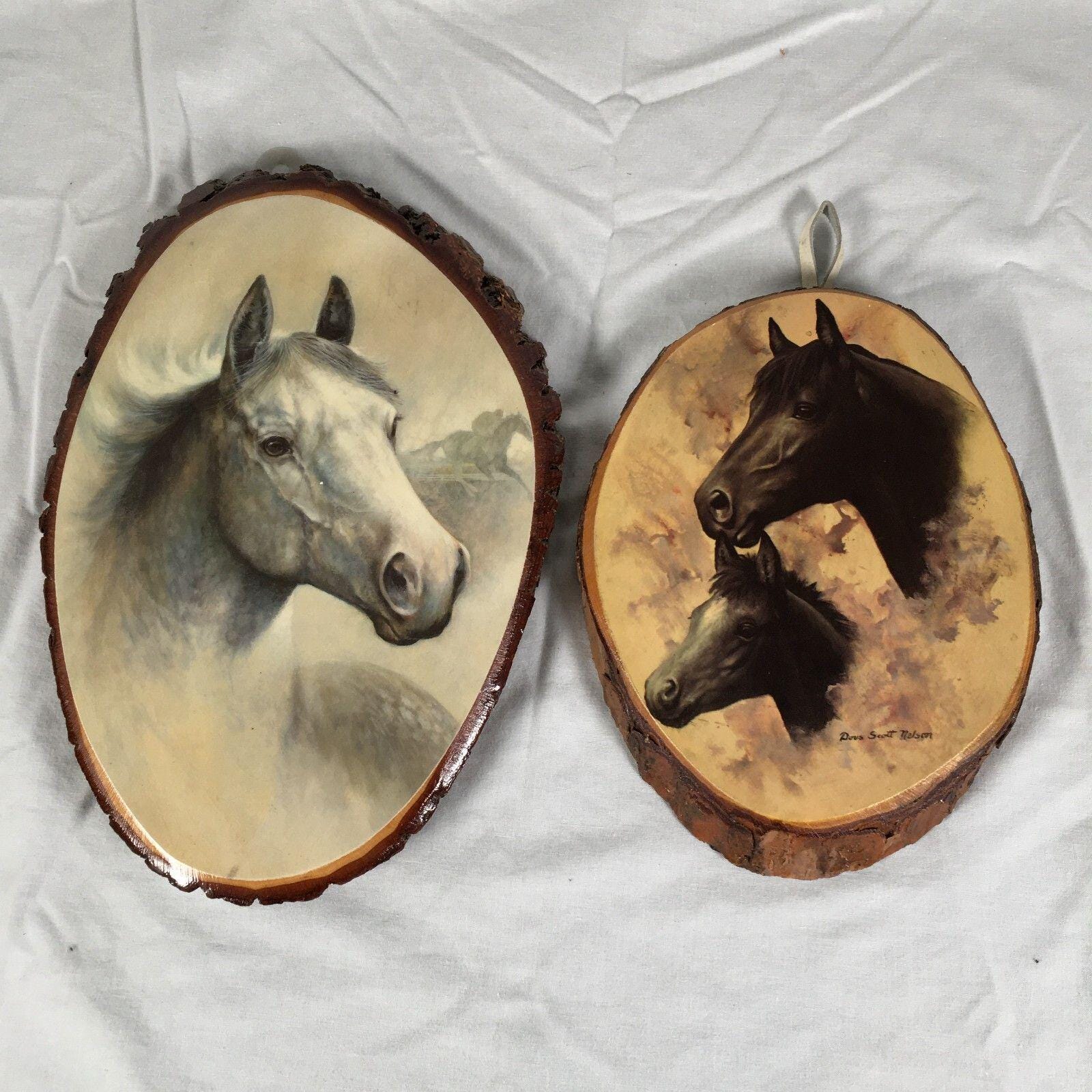 Set of 2 Art Print Horses Expoxy Over Wood Oval Tree Bark Wall