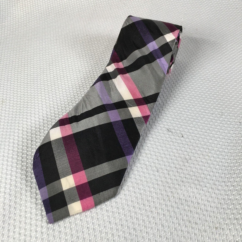 Ben Sherman 100% Silk Men's Necktie Black Gray Pink Purple Plaid 58" image 1