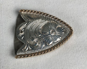 Vintage Silver Tone Hand Engraved Western Belt Tip Gold Tone Rope Edges 2.75"