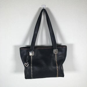 Brighton Black Pebble Leather Tote Shoulder Bag Whipstitch Beige Brown image 1