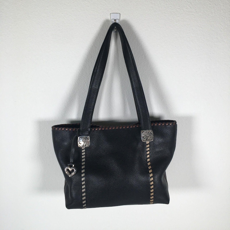 Brighton Black Pebble Leather Tote Shoulder Bag Whipstitch Beige Brown image 1