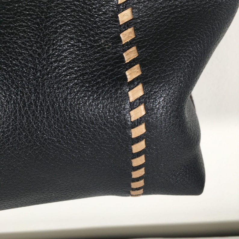 Brighton Black Pebble Leather Tote Shoulder Bag Whipstitch Beige Brown image 5