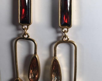Vintage Gold Tone Faux Garnet & Champagne Rhinestone Drop Dangle Earrings