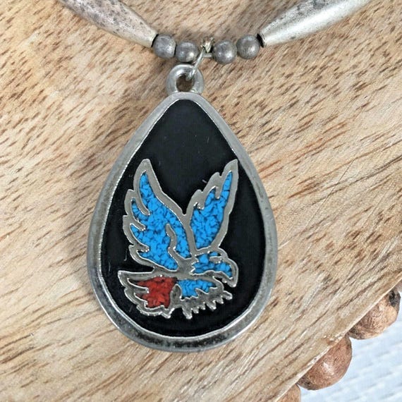 Vtg Silver Tone Turquoise Inlay Eagle Beaded Pendant  display picture 1