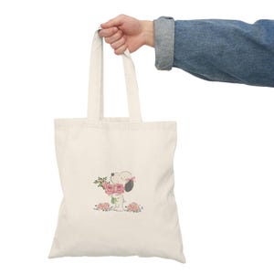 Snoopy Einkaufstasche mit Blumenmuster, umweltfreundliche Einkaufstasche, Geschenk für Hundeliebhaber, wiederverwendbare Einkaufstasche, Haustiererdnuss-Accessoire, Frühlingsblumenmarkt