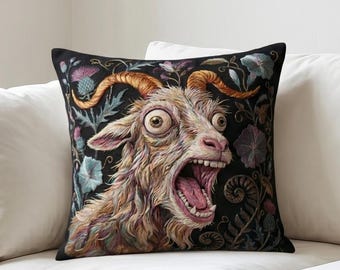 Surreal Screaming Goat Floral Cushion Cover | Dark Botanical Maximalist Art | Quirky Goat Lover Gift