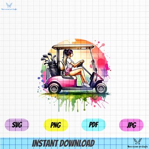 ゴルフクラブとゴルフカートを持つ女性 SVG、楽しいゴルフ装飾に最適 SVG、水彩画ゴルフ、ゴルフ用品、かわいいゴルファーの女の子、ゴルフカート
