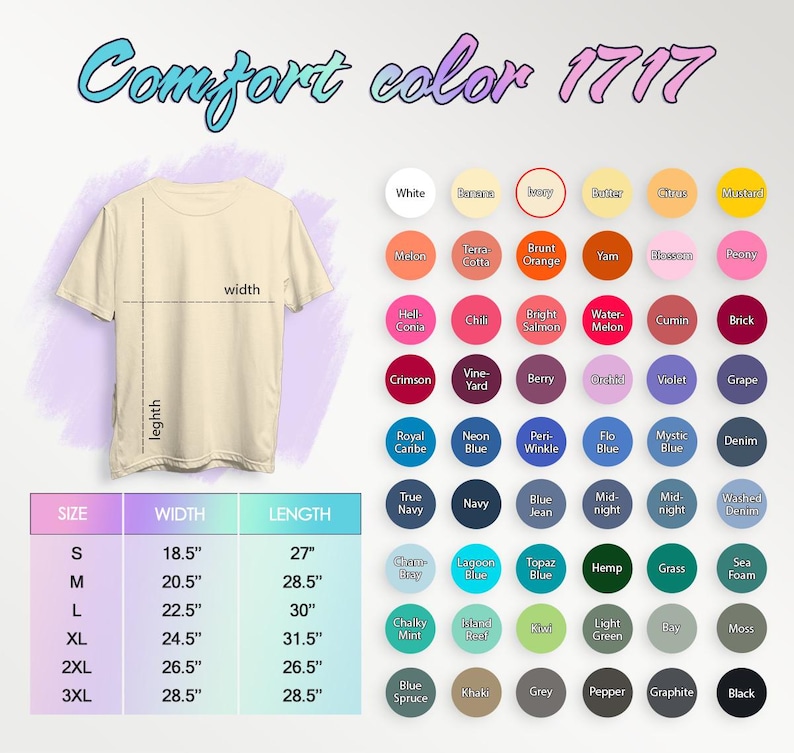 May include: A beige Comfort Colors 1717 t-shirt with size, width, and length measurements. Color swatches include white, orange, and blue. The shirt's width is 18.5 inches for size small, 20.5 inches for medium, and 22.5 inches for large.