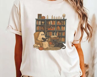 Retro Geist Lesezeichen Shirt, Vintage Bibliothekar Geist Halloween Shirt, Halloween Lehrer Shirt, Halloween Lehrer Geschenk, Boo Schule Shirt