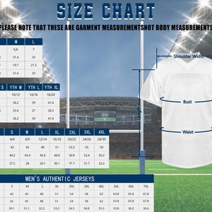 May include: White football jersey with a size chart. The chart includes measurements for preschool, boys, women's, and men's authentic jerseys. Measurements are in inches for chest, hips, and length.