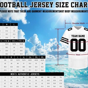 May include: Football jersey size chart with measurements for preschool, boys, women's, and men's authentic jerseys. Includes chest, length, and hip measurements in inches. A white jersey with black accents is shown.