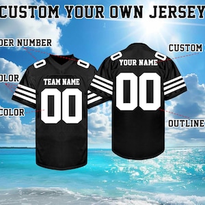 May include: Black jersey with white accents, featuring the text "CUSTOM YOUR OWN JERSEY." The jersey design includes options for "TEAM NAME," "YOUR NAME," and numbers. The image highlights customization options for trim, fill, and outline colors.