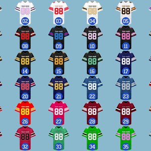May include: A collection of 36 football jerseys in various colors, including white, black, red, blue, and green. Each jersey features the number "88" and a unique number from 01 to 36. The jerseys have striped sleeves and are displayed on a light blue background.