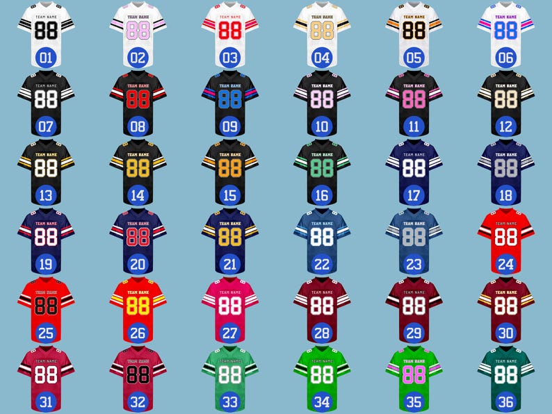 May include: A collection of 36 football jerseys in various colors, including white, black, red, blue, and green. Each jersey features the number "88" and a unique number from 01 to 36. The jerseys have striped sleeves and are displayed on a light blue background.