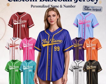 May include: A collection of short-sleeved button-down baseball jerseys featuring vertical pinstripes, a central text area reading Any Name, and the number 99. The jerseys are displayed in various colors including red, blue, pink, green, and orange.