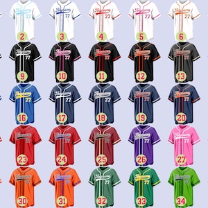 May include: A collection of baseball jerseys in various colors, including white, black, blue, red, and orange. Each jersey features the word "Buhang" and the number "77" on the front. The jerseys have different color combinations.