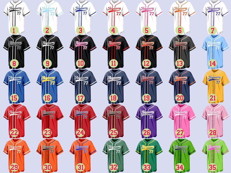 May include: A collection of baseball jerseys in various colors, including white, black, blue, red, and orange. Each jersey features the word "Buhang" and the number "77" on the front. The jerseys have different color combinations.