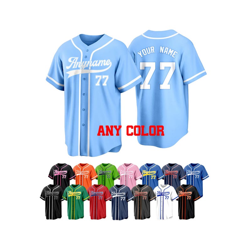 May include: Light blue baseball jersey with white accents, featuring the text "Anyname" and the number "77". The back of the jersey displays "Your Name" and the number "77". A variety of color options are shown below.