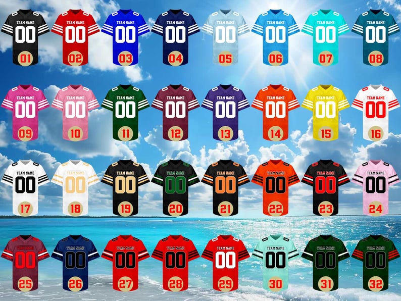 May include: A collection of 32 football jerseys in various colors, including black, red, blue, green, and orange. Each jersey features a team name and the number "00" on the front and back, with a unique number on the bottom.