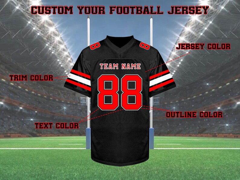 May include: Black football jersey with red and white accents. The jersey features the number 88 in red with a white outline, and the text "TEAM NAME" in white. The jersey is displayed on a football field.