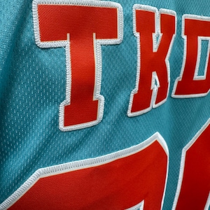 May include: Close-up of a turquoise jersey with red lettering and numbers. The letters and numbers are outlined in white stitching. The jersey has a mesh texture.