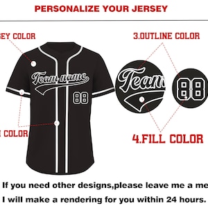 May include: Black baseball jersey with white trim and accents. Features a team name and the number 88. The image also shows customization options for jersey color, trim color, outline color, and fill color.