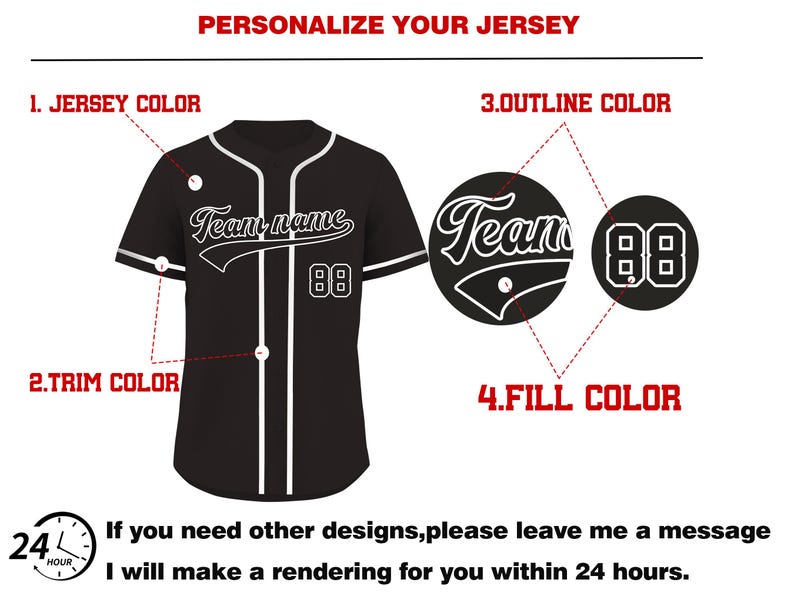 May include: Black baseball jersey with white trim and accents. Features a team name and the number 88. The image also shows customization options for jersey color, trim color, outline color, and fill color.