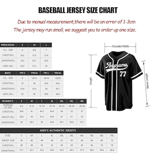 May include: Baseball jersey size chart with measurements for preschool, boys, women's, and men's authentic jerseys. Includes chest, length, and hip measurements in inches. A black baseball jersey with white accents is shown.