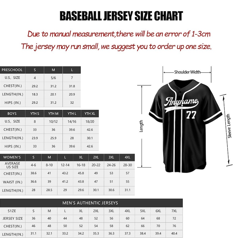 May include: Baseball jersey size chart with measurements for preschool, boys, women's, and men's authentic jerseys. Includes chest, length, and hip measurements in inches. A black baseball jersey with white accents is shown.