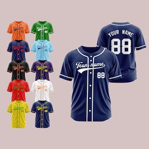 May include: A collection of baseball jerseys in various colors, including orange, green, navy blue, light blue, black, purple, red, white, yellow, and dark blue. Each jersey features the text "Team name" and the number "88". One jersey displays "YOUR NAME" and "88".