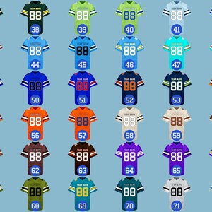 May include: Collection of football jerseys in various colors, each with the number "88" and a unique number on the front. The jerseys feature different color combinations, including green, blue, orange, and purple.