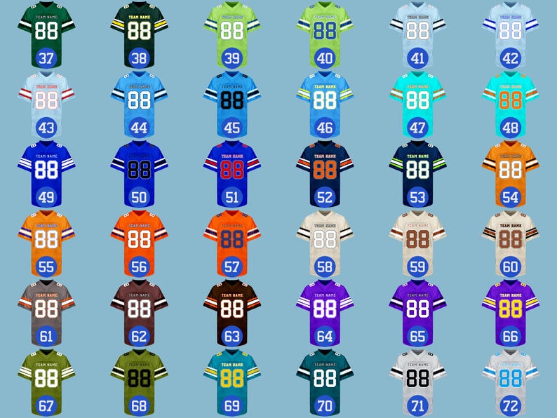 May include: Collection of football jerseys in various colors, each with the number "88" and a unique number on the front. The jerseys feature different color combinations, including green, blue, orange, and purple.
