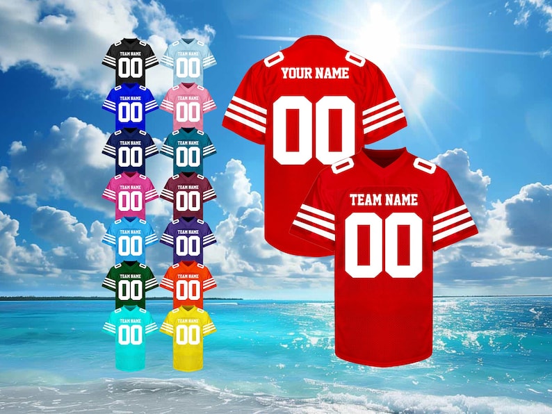May include: A collection of customizable football jerseys in various colors, including black, blue, pink, and green. Each jersey features the number "00" and space for a team name. Two red jerseys with white stripes and text are also displayed.