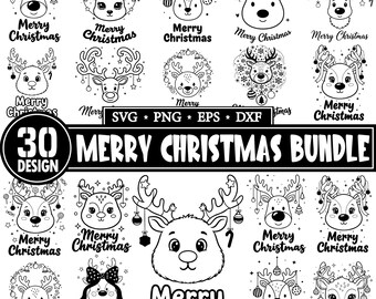 Merry Christmas Svg Png Bundle, Reindeer with Baubles Svg, Christmas Scene Svg, Xmas Window Decor Svg, Holiday Design Svg, Deer Outline Svg