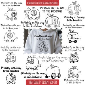 Pode incluir: Uma coleção de ilustrações em preto e branco com veículos em forma de maçã com vermes dentro, e o texto "Probably on the way to the bookstore". Um moletom branco com o mesmo design também é mostrado.