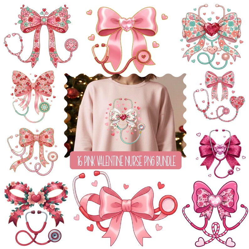 Valentine Nurse Png Bundle, Cute Valentine Nurse Png, Stethoscope Bow ...