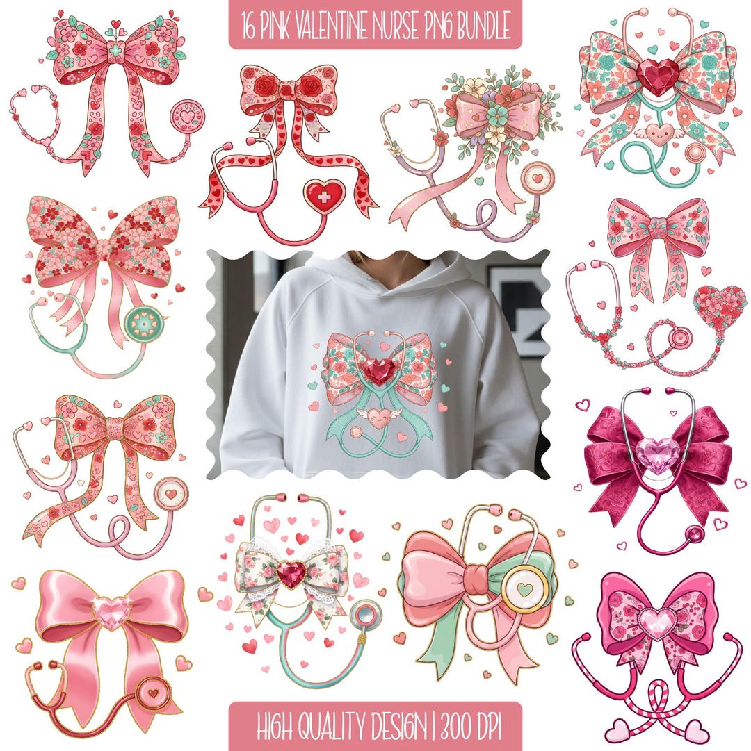 Valentine Nurse Png Bundle, Cute Valentine Nurse Png, Stethoscope Bow ...