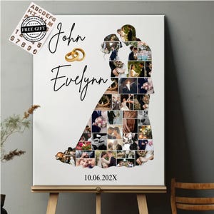 Può includere: Una tela rettangolare bianca con collage di foto di matrimonio, i nomi John ed Evelyn in corsivo nero, due fedi nuziali dorate e la data 10.06.202X. Le foto sono disposte in modo da formare la sagoma di una coppia che si abbraccia.
