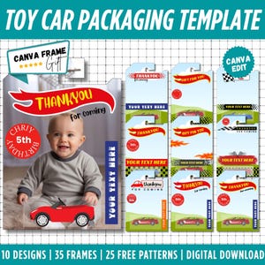 Könnte beinhalten: Eine digitale Spielzeugauto-Verpackungsvorlage mit zehn Designs in Rot, Blau und Grün. Das Layout enthält Texte wie TOY CAR PACKAGING TEMPLATE, THANKYOU for coming, CHRIY 5th BIRTHDAY und CANVA FRAME GIFT sowie Illustrationen von roten Spielzeugautos.
