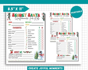 Può includere: Questionario di Secret Santa stampabile per bambini. Il design include un questionario festivo di Secret Santa con spazi per preferiti, allergie e altro. Il formato carta è 21,6 cm x 27,9 cm.