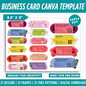 Può includere: Un foglio di modello per biglietti da visita Canva di 8,5 per 11 pollici. Il layout presenta diversi design di carte rettangolari in vari colori, ciascuno decorato con immagini floreali e codici QR. Il testo include Business Card Canva Template, Evelen Smith, Product Manager, Olive Natural e Canva Edit.