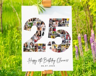 Plantilla de collage de fotos para el 25 cumpleaños: recuerdo editable (descarga digital, 16 x 24 pulgadas, 67 fotos)