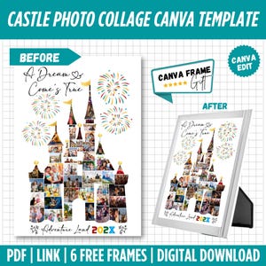 May include: A digital photo collage template with a castle design, filled with photos. The text "A Dream Come's True" and "Adventure Land 202X" are visible. The template includes fireworks illustrations and a "Canva Frame Gift" badge.