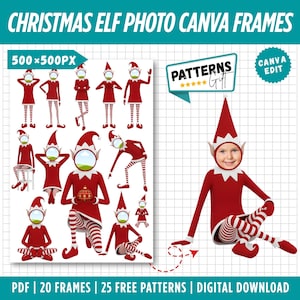 May include: Digital download of Christmas elf photo Canva frames. The image displays elf poses in red and white, with the text "CHRISTMAS ELF PHOTO CANVA FRAMES", "PATTERNS GIFT", and "CANVA EDIT". Includes 20 frames and 25 free patterns.