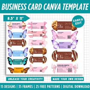 May include: A digital business card Canva template sheet measuring 8.5 inches by 11 inches. The layout features 15 distinct card designs decorated with illustrations of butterflies, cupcakes, donuts, cookies, and bows, all including placeholder text.