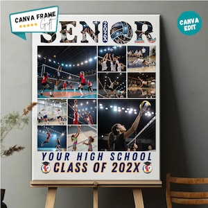 Peut inclure: Une affiche collage rectangulaire présentant plusieurs photographies d'action de joueurs de volley-ball dans un gymnase. Le mot SENIOR est en haut avec des photos à l'intérieur des lettres. Le texte YOUR HIGH SCHOOL CLASS OF 202X est en bas.