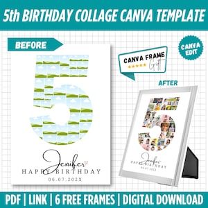 Puede incluir: Una plantilla digital de Canva para un collage de 5º cumpleaños. El diseño presenta un gran número 5 lleno de imágenes de paisajes. El texto dice "Jenifer Happy Birthday 06.07.202X". Incluye un "Canva Frame Gift" y "Digital Download".