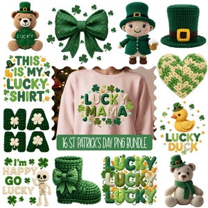 Op de afbeelding: Een verzameling gehaakte items met het thema St. Patrick's Day, waaronder een teddybeer, strik, kabouterpop, hoed, hart, eend, laars en tekst met de tekst "Lucky Mama" en "This is my lucky shirt". De afbeelding bevat ook de tekst "16 ST PATRICK'S DAY PNG BUNDLE".